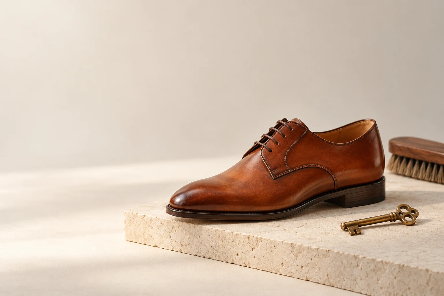 Composition illustrative : chaussure en cuir cognac, clé et brosse sur un socle de pierre claire